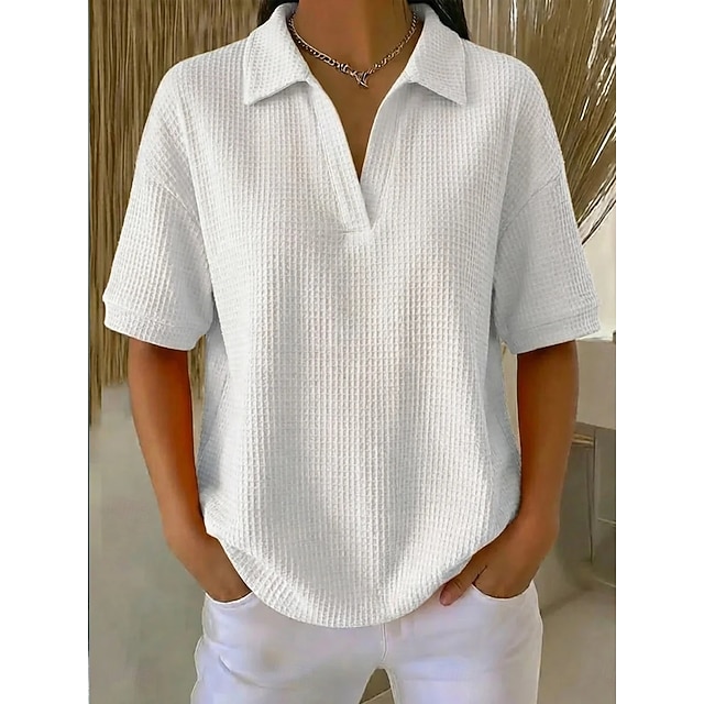 Multi Packs 2pcs Women's Waffle T-shirt Polo Shirts Tee Waffle Knit Tops Plain Fashion Basic Classic Short Sleeve Shirt Collar Regular Tops Casual Daily Beach Yellow+Orange