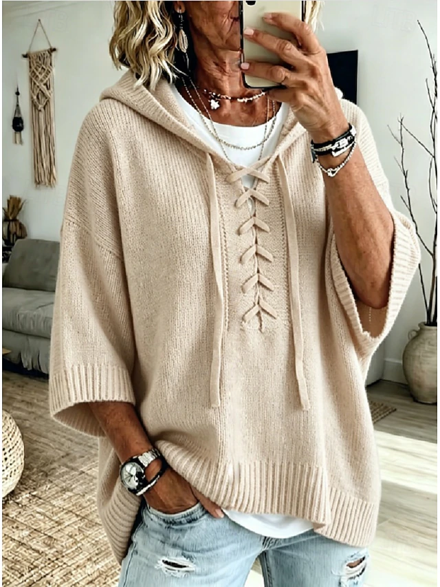 Women's Knit Hoodie Pullover Sweater Casual 3/4 Length Sleeve Lace Up Sweatshirt with Hood for Fall