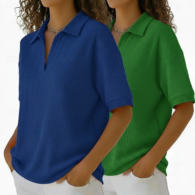 Multi Packs 2pcs Women's Waffle T-shirt Polo Shirts Tee Waffle Knit Tops Plain Fashion Basic Classic Short Sleeve Shirt Collar Regular Tops Casual Daily Beach Yellow+Orange