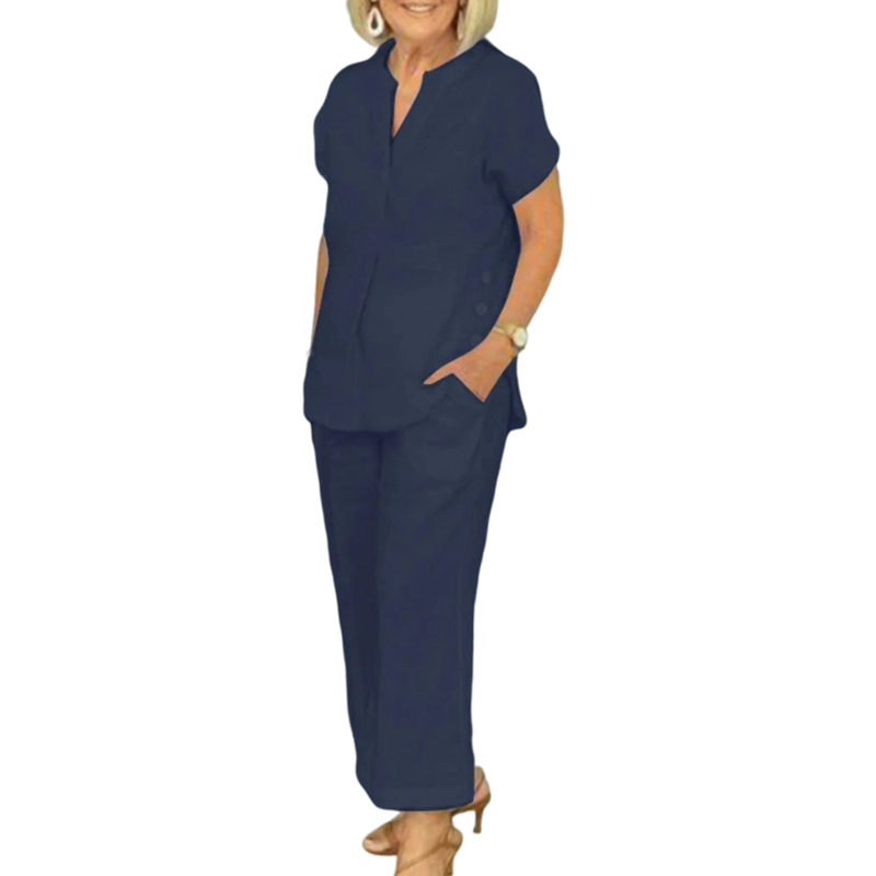 Women's summer set, with short sleeves, in solid colors and a loose fit (blouse with pockets)