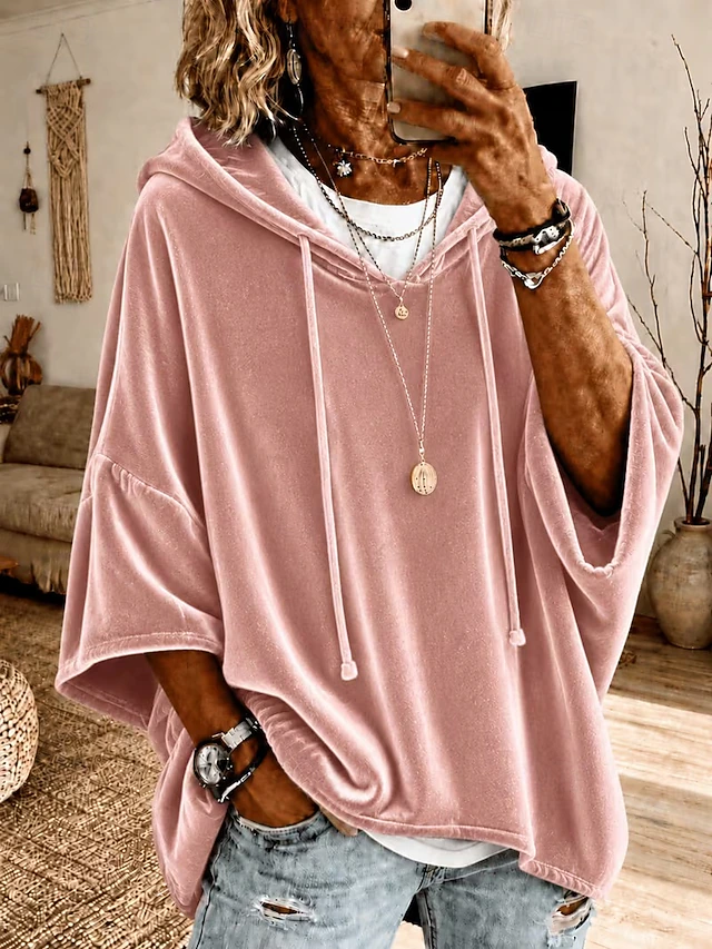 Women's Shirt Velvet Blouse Plain Vacation Fashion Modern 3/4 Sleeve Hooded Long Tops Casual