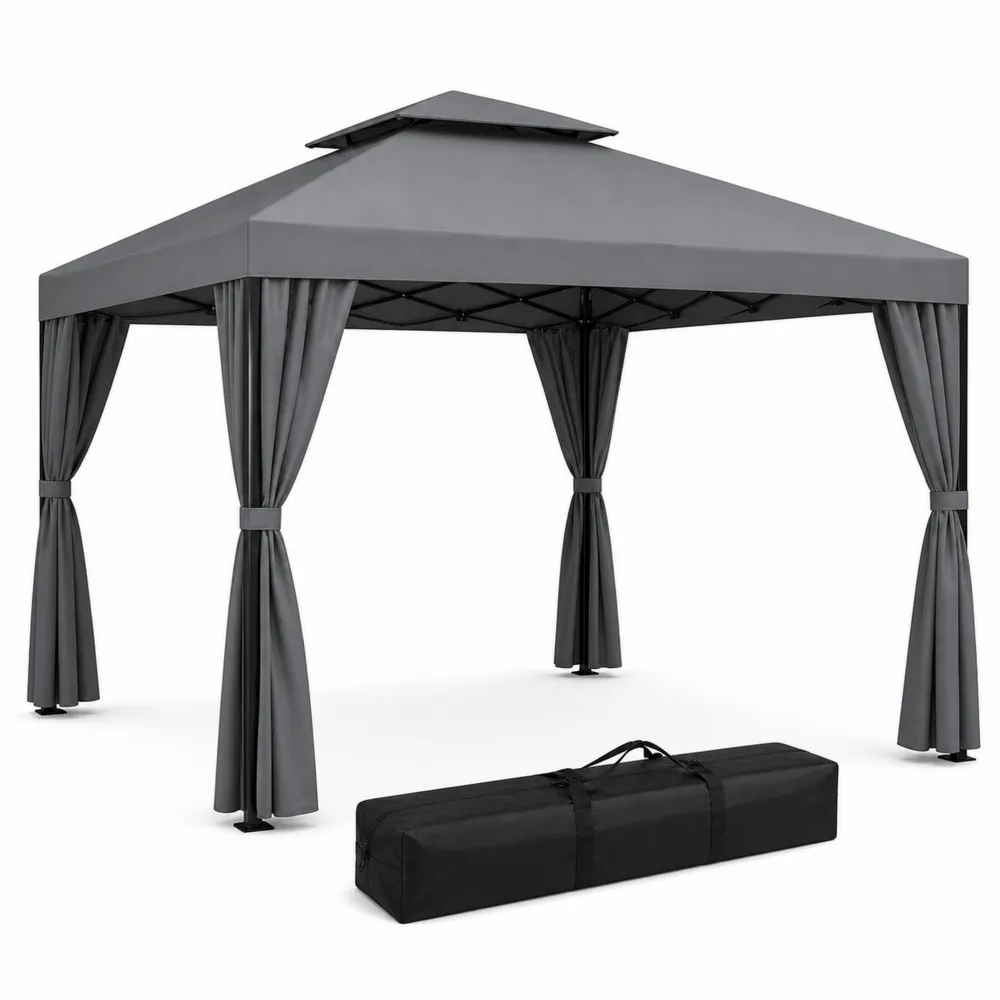 Pavillon Outdoor 3x3m Stahl und Polyester Grau mit abnehmbaren Seitenwänden-Nestchiceu