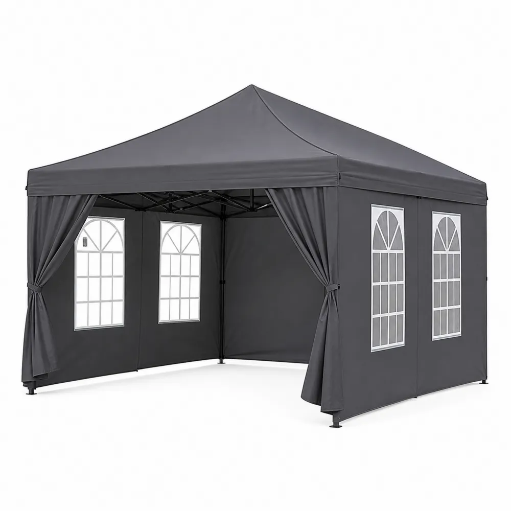 Gartenpavillon 3x3m Metallrahmen Polyester Grau mit Fenstern-Nestchiceu