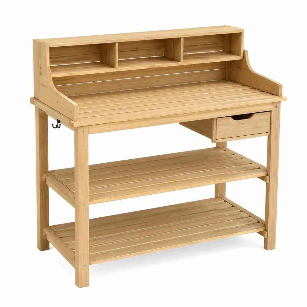 Pflanztisch aus Tannenholz mit Regalen und Schublade 110 cm-Nestchiceu