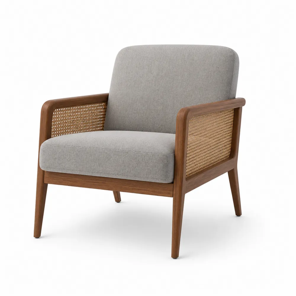 Lounge Sessel aus Holz mit Leinenstoff und Rattan-Nestchiceu