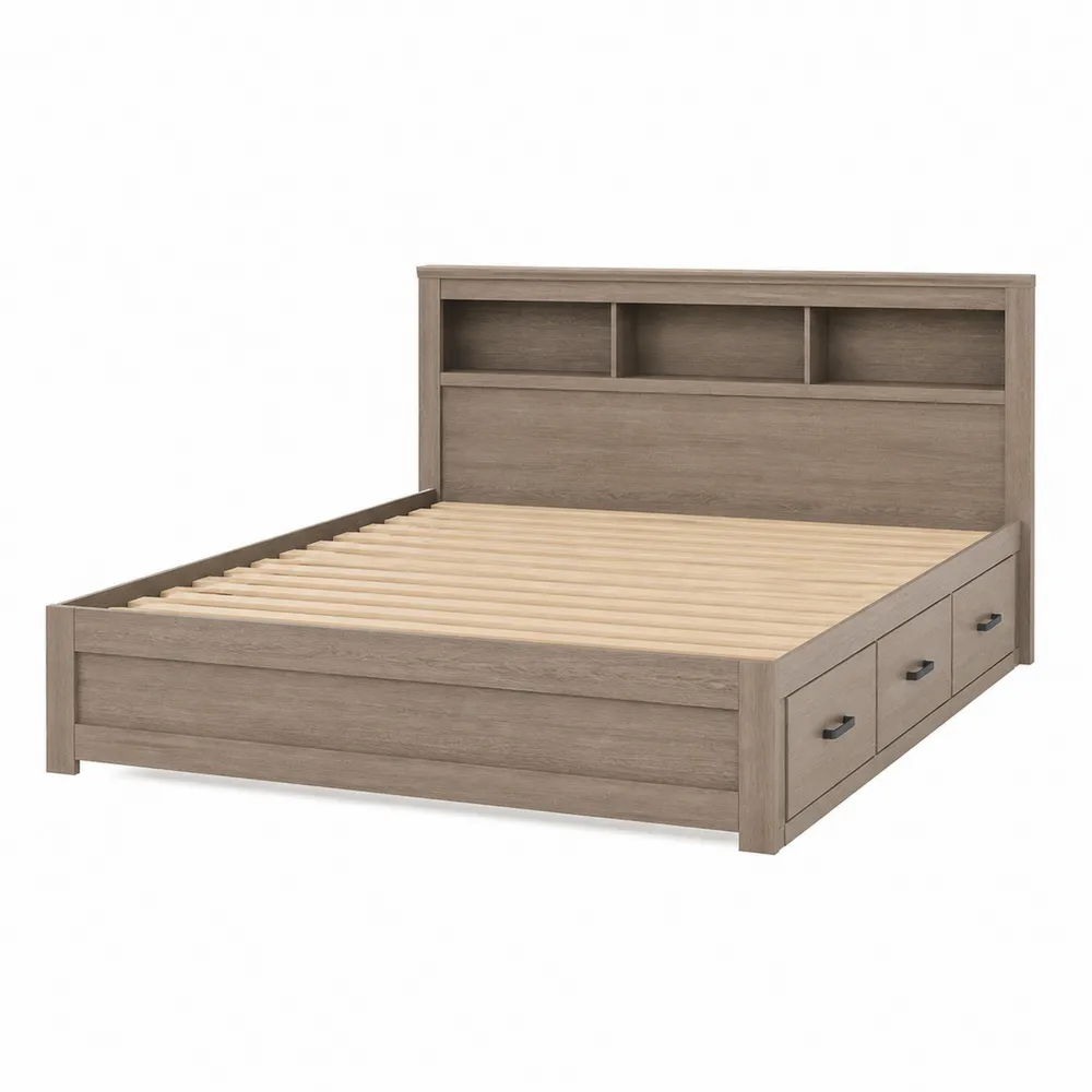 Holzbett mit Schubladen und Regal Kopfteil in Eiche 160x200 cm-Nestchiceu