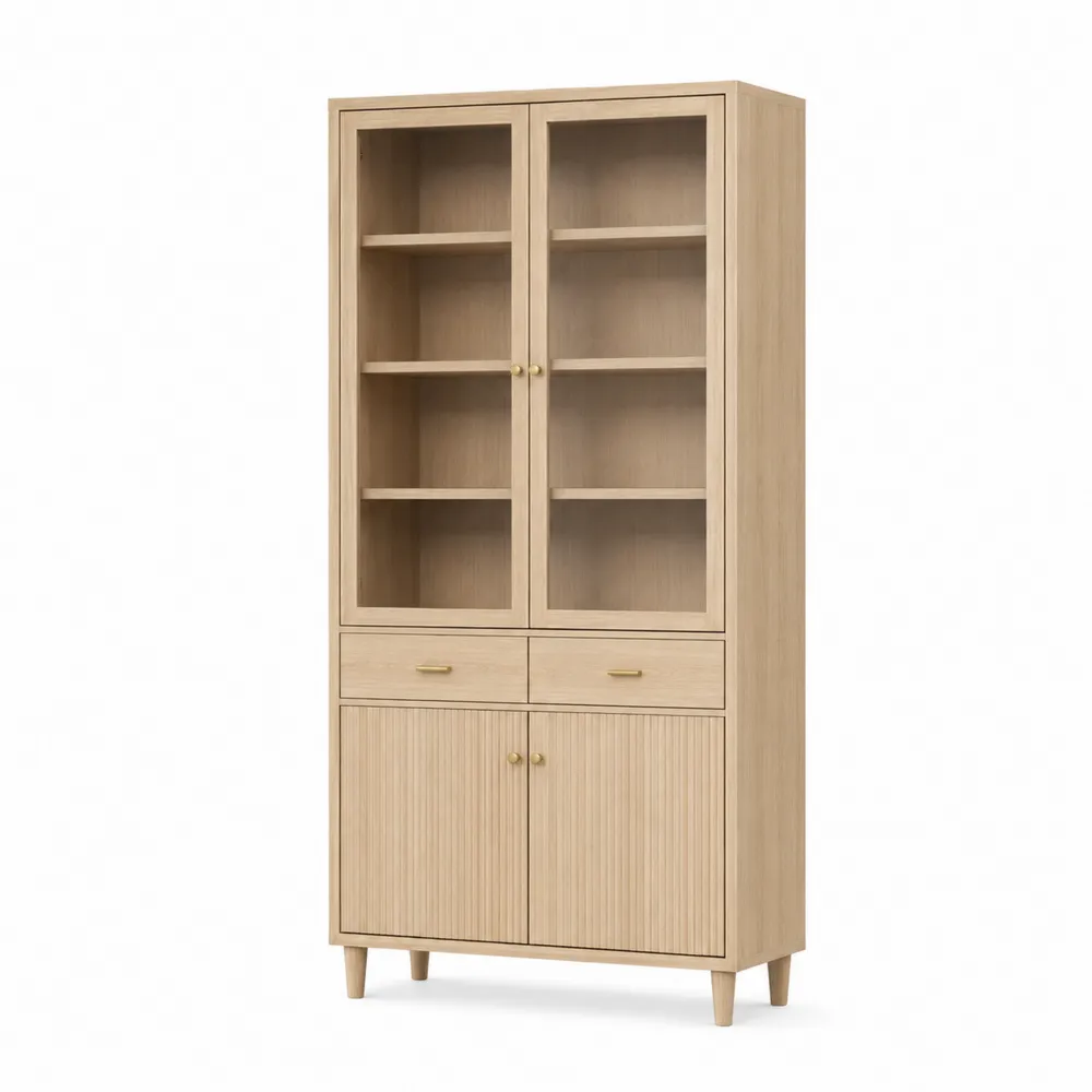 Eichenholz-Bücherregal mit Glastüren und Schubladen, 200 cm hoch-Nestchiceu