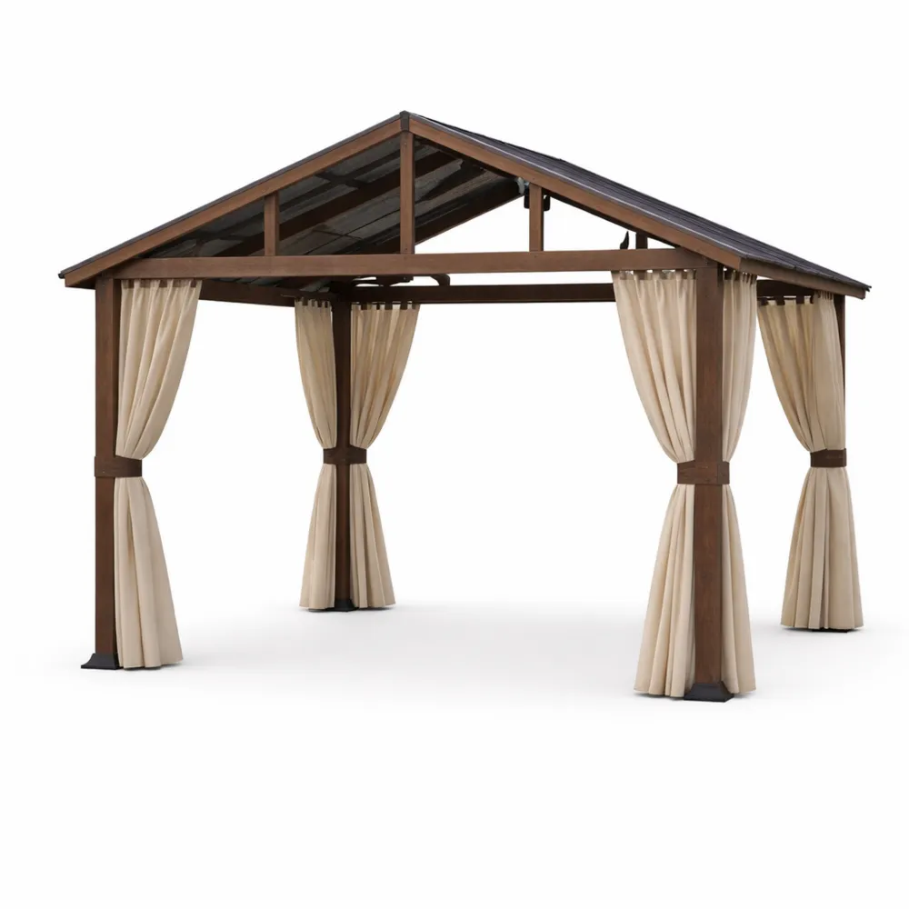 Holz Gartenpavillon mit Polyester Vorhängen 300x400cm Braun/Beige-Nestchiceu