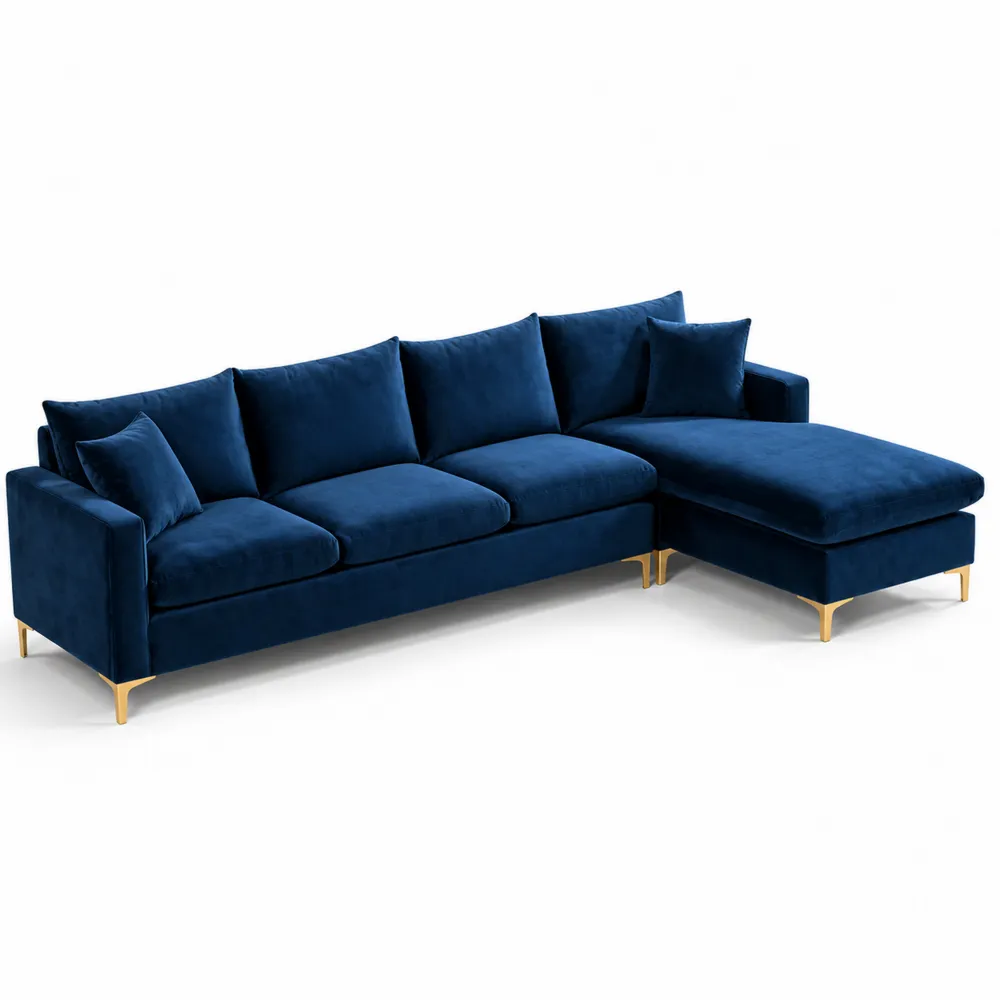 Sofa narożna welurowa granatowy z metalowymi nogami