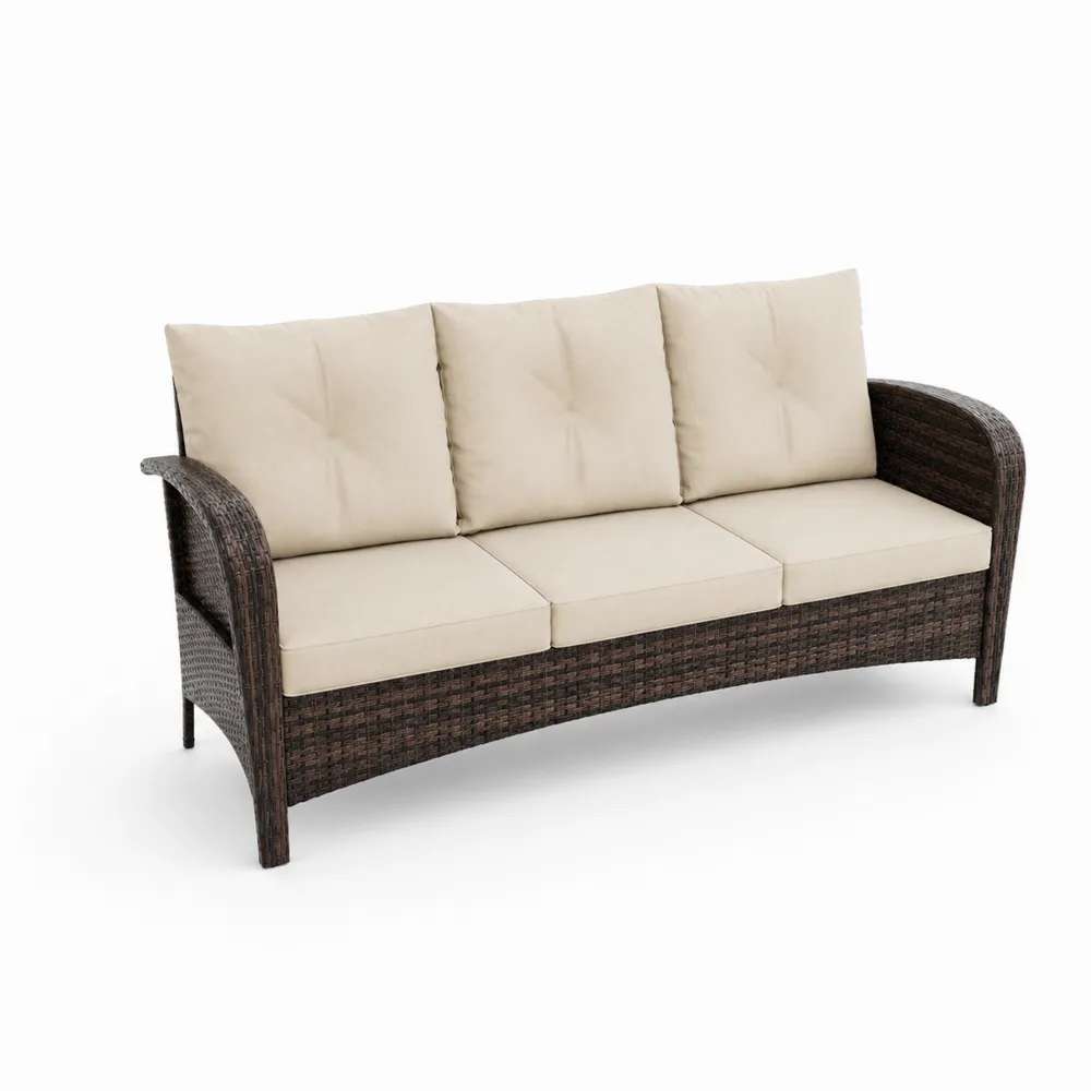 Sofa ogrodowa 3-osobowa z technorattanu z kremowymi poduszkami