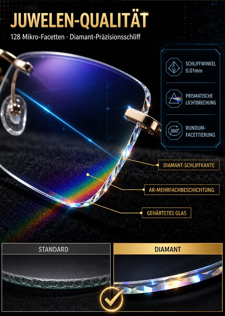 Randlose Diamant-Schneidelesebrille mit Blaulichtfilter