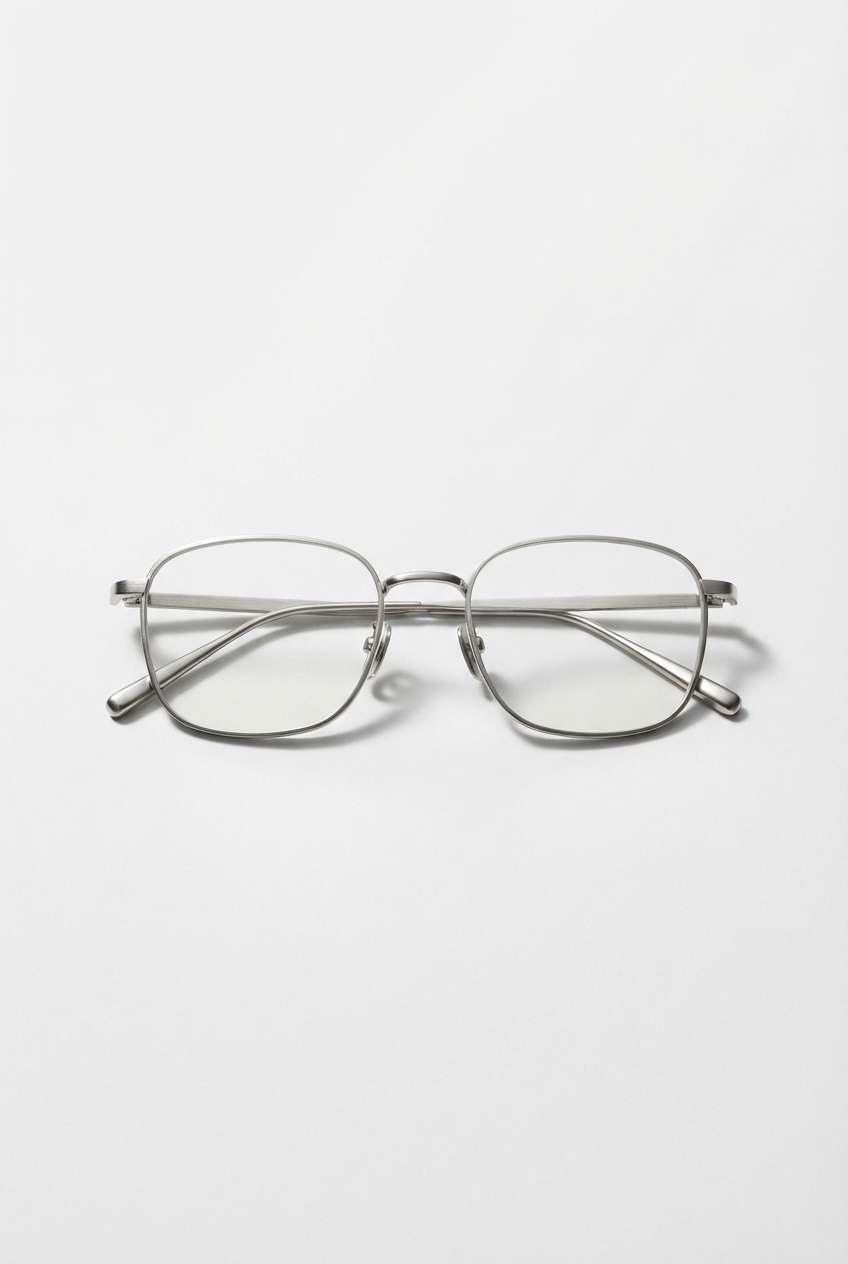 Silver round metal eyeglasses frame front view on neutral background
