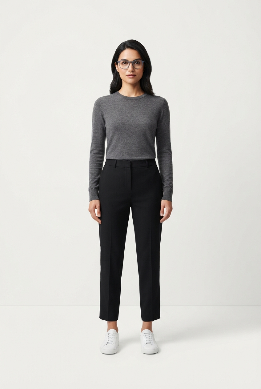 Gray rectangular eyeglasses worn by a model with modest outfit