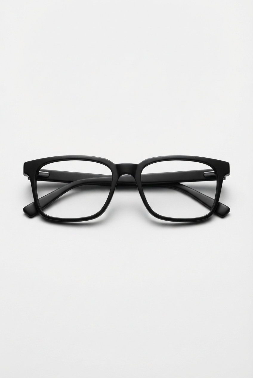 Black square acetate eyeglasses frame front view on neutral background