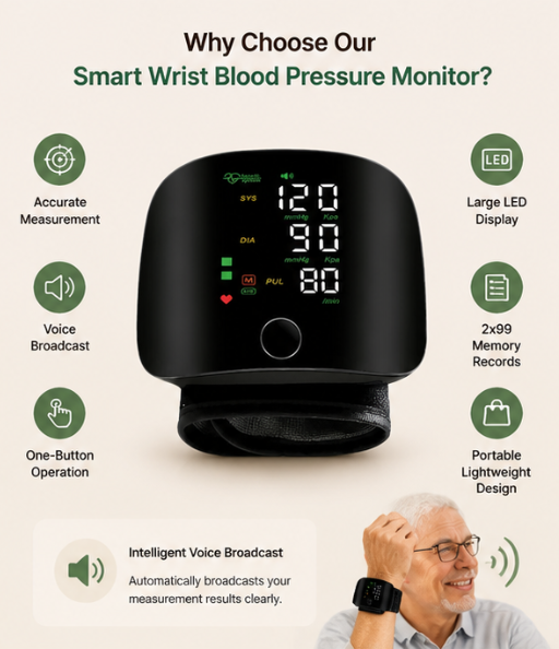 Smart Wrist Blood Pressure Monitor (with Voice Prompts) — Portable, Accurate, and Easy to Use: An Essential Companion for Home and Travel