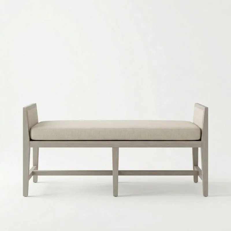 Holzbank aus Eiche mit Leinenpolsterung in Beige