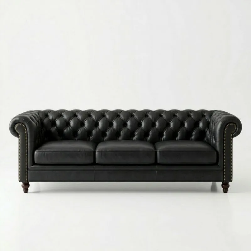 Chesterfield Ledersofa Dreisitzer Schwarz