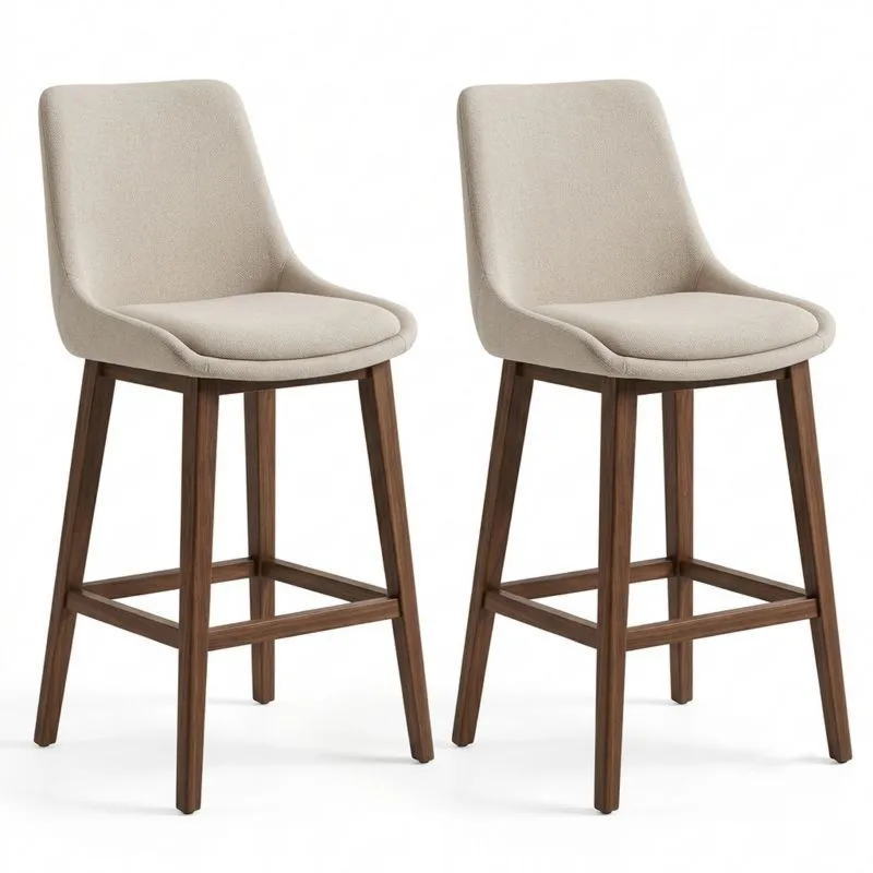 2er Set Barhocker aus Walnussholz und Polyesterstoff Beige