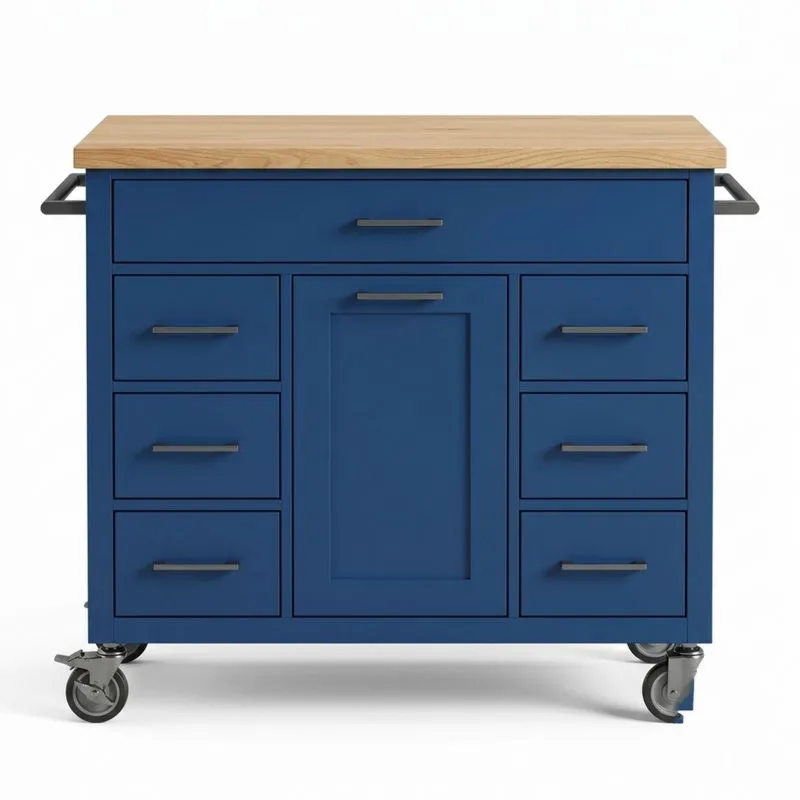 Kücheninsel aus MDF und Eichenholz Blau mit Rollen