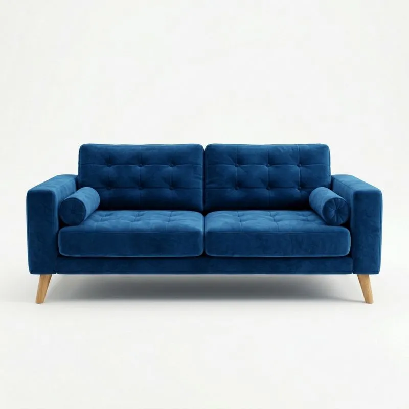 Samt-Zweisitzer-Sofa in Blau mit Massivholzbeinen