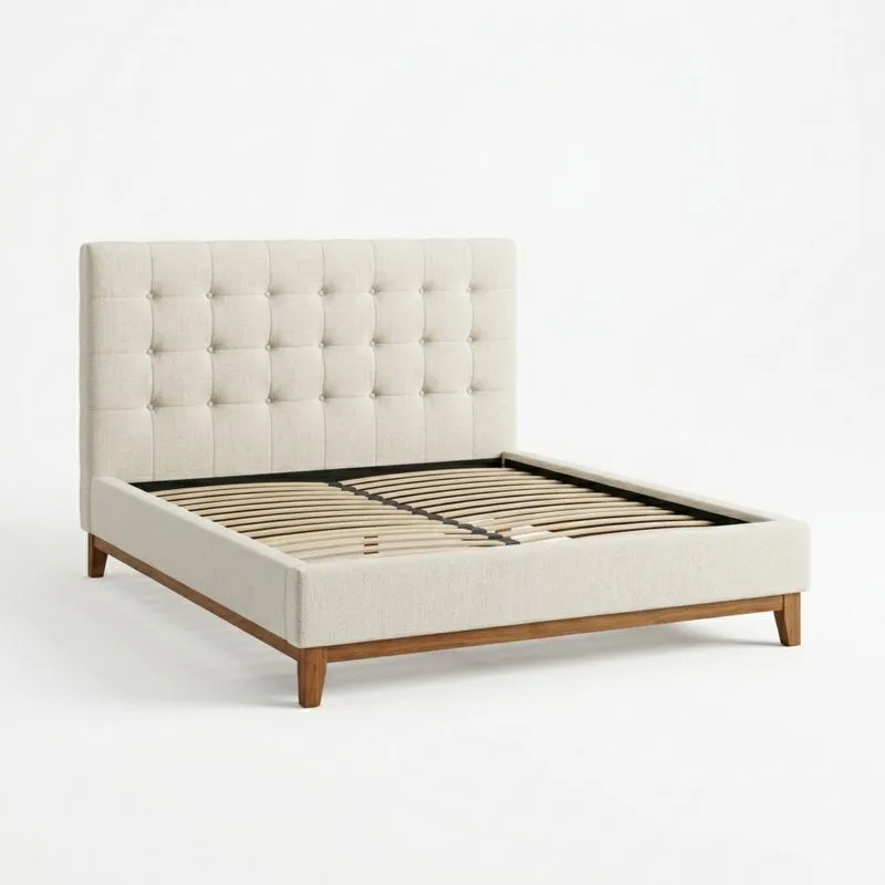 Eichenbett mit Polyesterbezug in Beige 210x180 cm (Länge × Breite)
