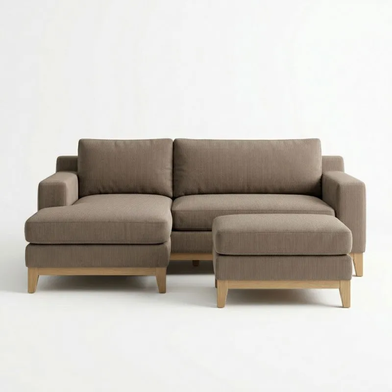 Ecksofa mit Ottomane aus Baumwoll-Cord und Eichenholz in Braun