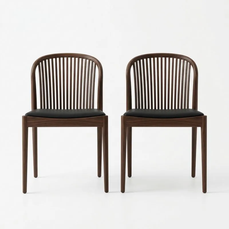 2er Set Walnussholzstühle Dunkelbraun mit Kunstleder Sitzfläche