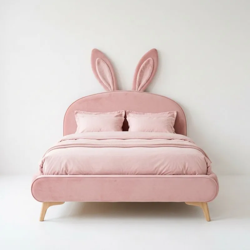 Samt-Kinderbett mit Kaninchenohren in Rosa und massiver Eiche