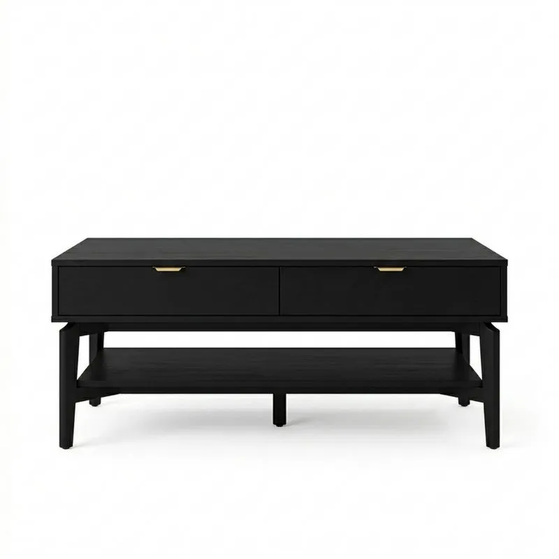 Schwarzer Couchtisch aus MDF-Holz mit Schubladen und Edelstahlgriffen