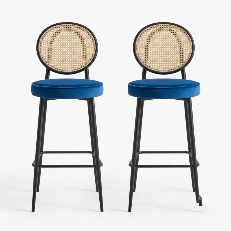 2er Set Barhocker aus schwarzem Stahl Samt Blau Rattan Rückenlehne