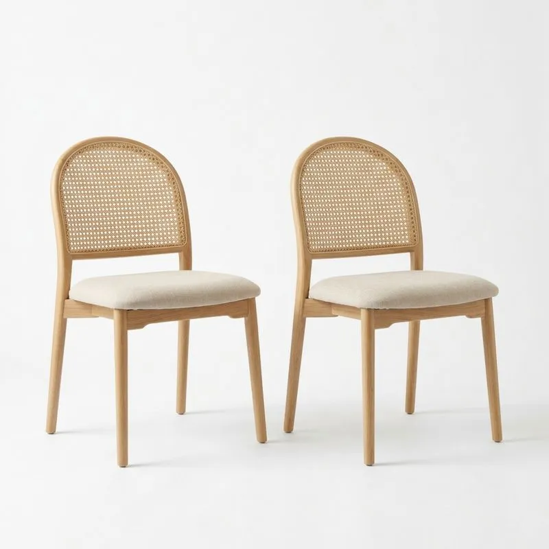 Esszimmerstuhl 2er Set Eichenholz Rattan Beige Stoff