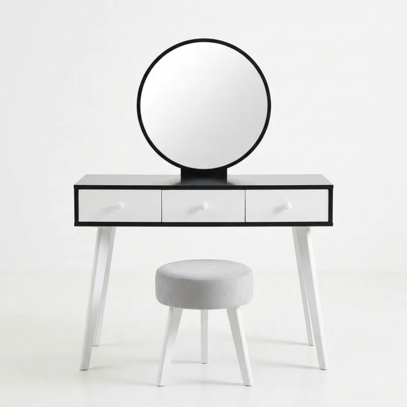 Schminktisch Set mit Hocker Rundspiegel MDF/Velours Schwarz Weiß