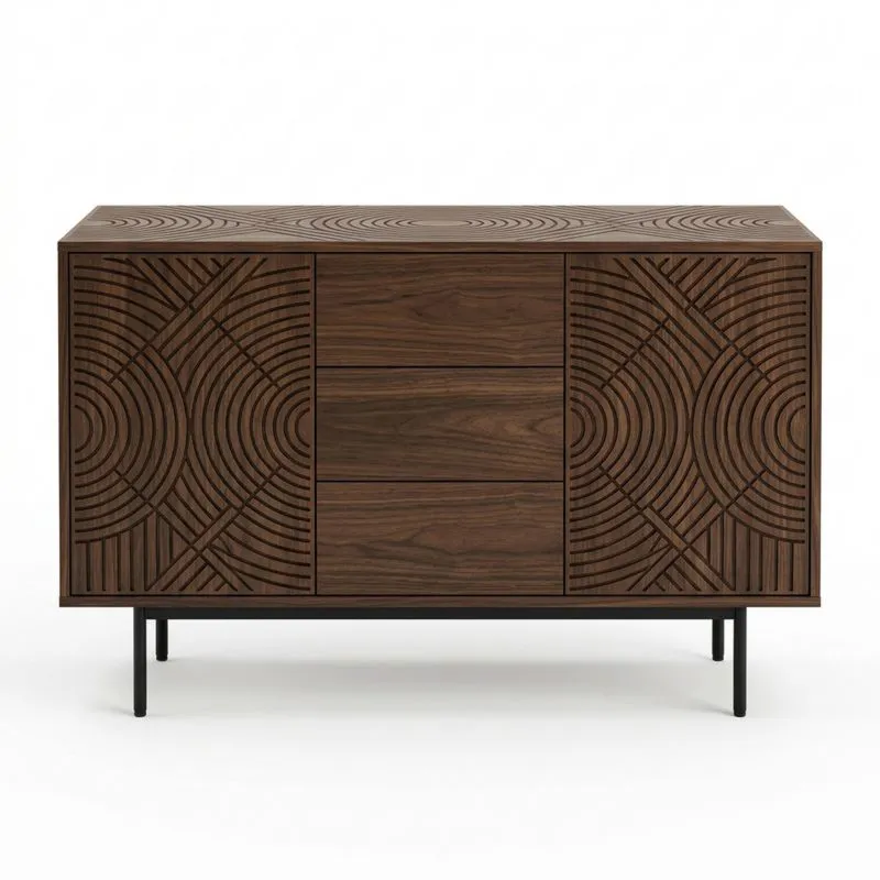 Sideboard Nussbaumfurnier Stahlgestell Geometrisches Muster 80x120x45 cm (Höhe x Breite x Tiefe)