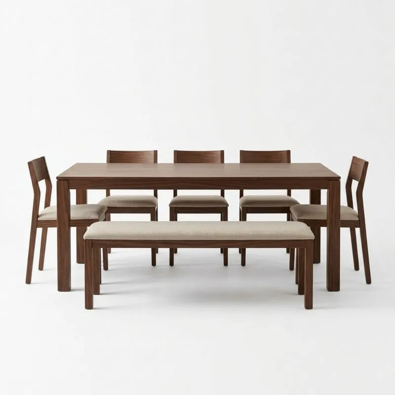Essgruppe Set Tisch mit 6 Stühlen und Bank Walnuss