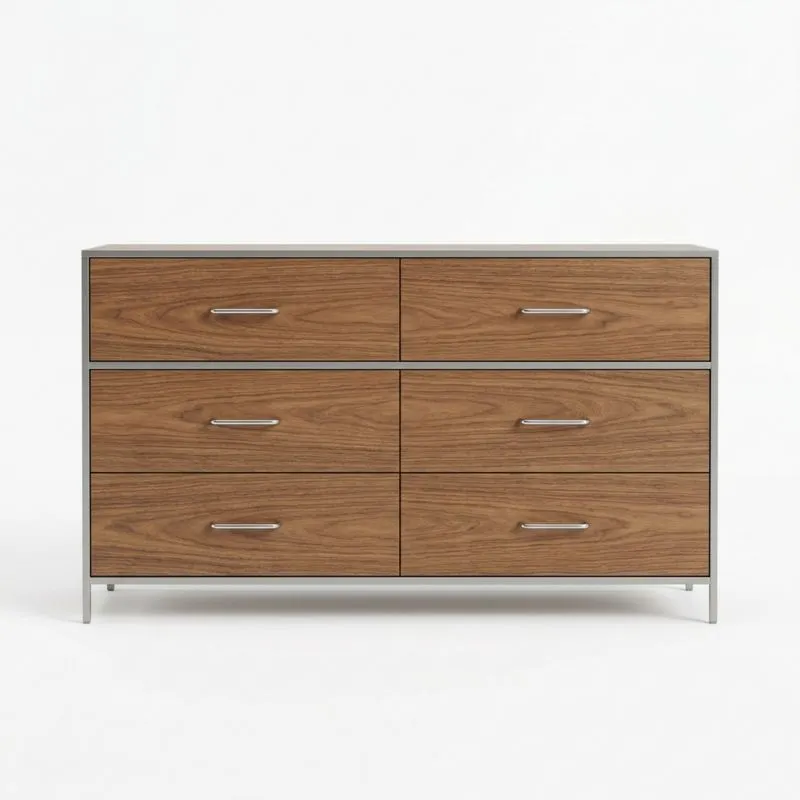 Kommode mit 6 Schubladen aus Holzfurnier und Aluminiumgriffen