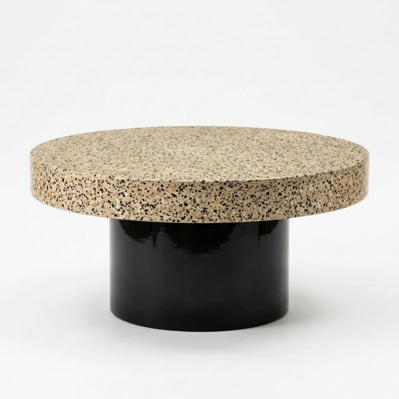 Runder Couchtisch mit Terrazzo-Tischplatte und lackierter Stahlbasis, Durchmesser: 80 cm