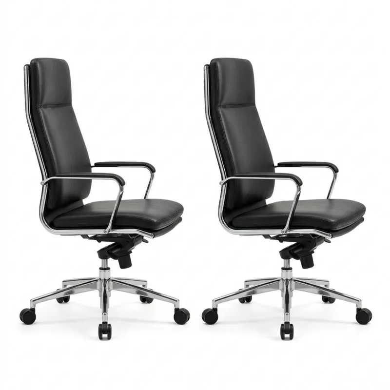 Schwarzes Bürostuhl-Set aus PU-Leder mit Chrom-Metallrahmen
