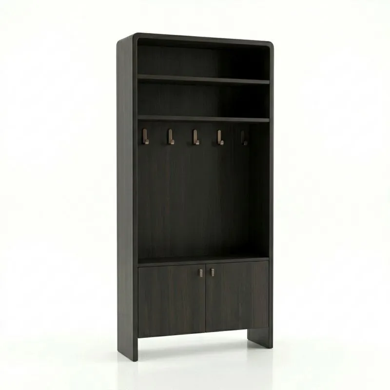 Garderobenschrank MDF Dunkelbraun mit Regalen und Stahlhaken
