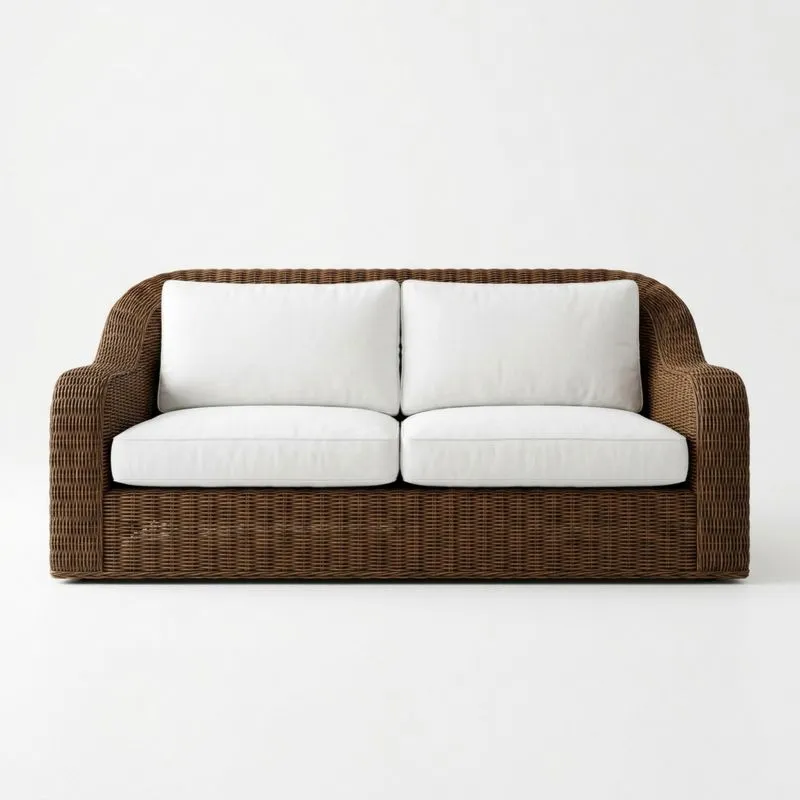 2-Sitzer Sofa Rattan Braun/Weiß Polyesterkissen 200cm (Gesamtlänge)
