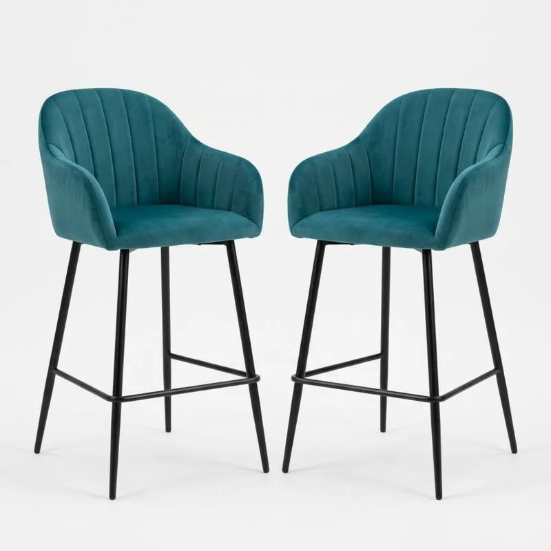 2er Set Barhocker Velours Stahl Petrol Sitzhöhe 75 cm