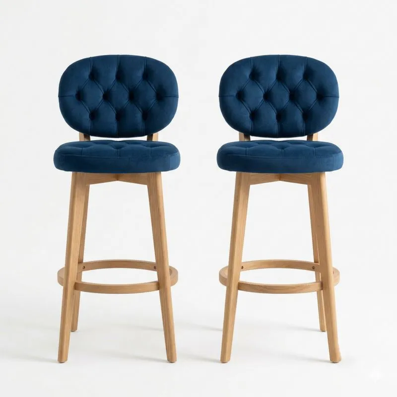2er-Set Barhocker aus Eichenholz mit blauem Samtbezug
