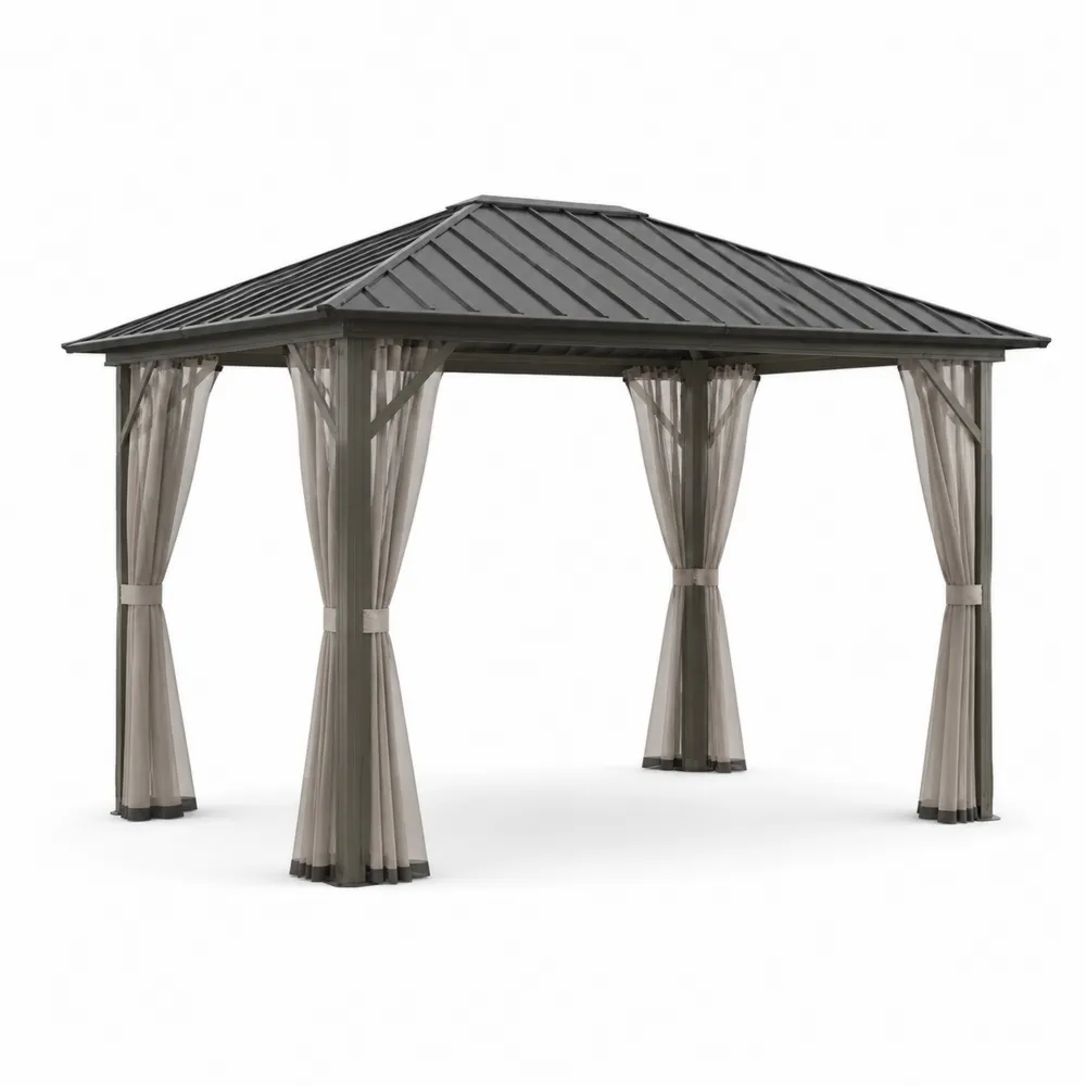 Altana ogrodowa prostokątna dach metalowy ciemnoszary, osłony beżowe 350x300x250 cm