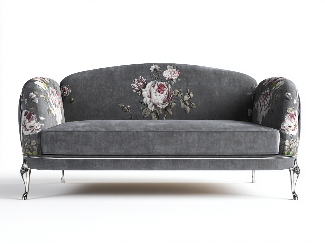 Divano lineare-velluto-legno-metallo-206x90x84 cm-grigio floreale-romantico classico-Nadiconest