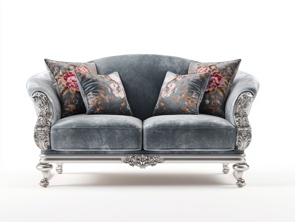 Divano lineare-velluto-legno-metallo-214x96x88 cm-grigio perla-barocco elegante-Nadiconest