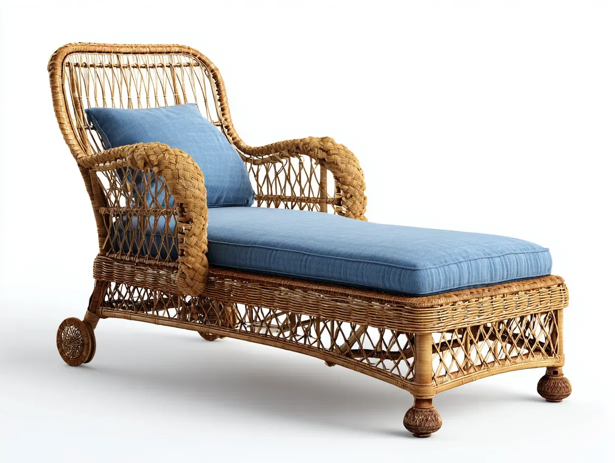 Bain de soleil - rotin naturel-textile - 195 x 72 x 90 cm - bleu-beige - style artisanal avec accoudoirs-Sofamyhome