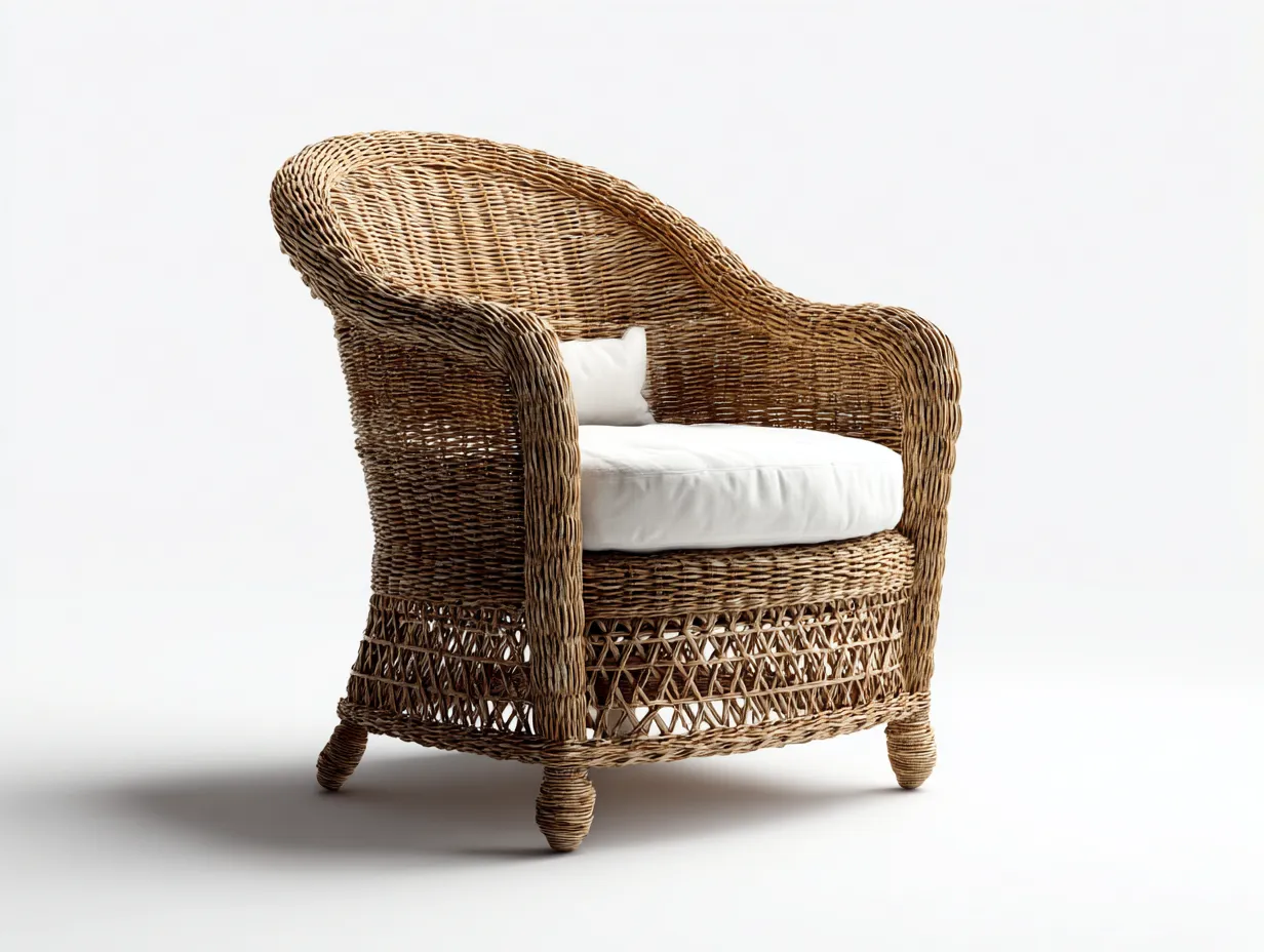 Fauteuil de jardin - rotin-tissu - 84 x 78 x 88 cm - brun naturel-blanc cassé - style vintage-Sofamyhome