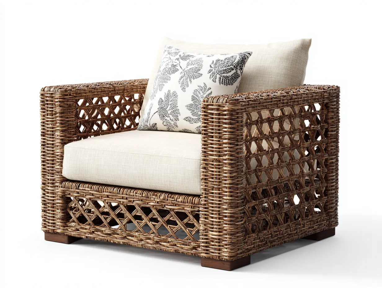 Fauteuil de jardin - rotin-bois-tissu - 93 x 88 x 82 cm - brun naturel-beige - style artisanal-Sofamyhome