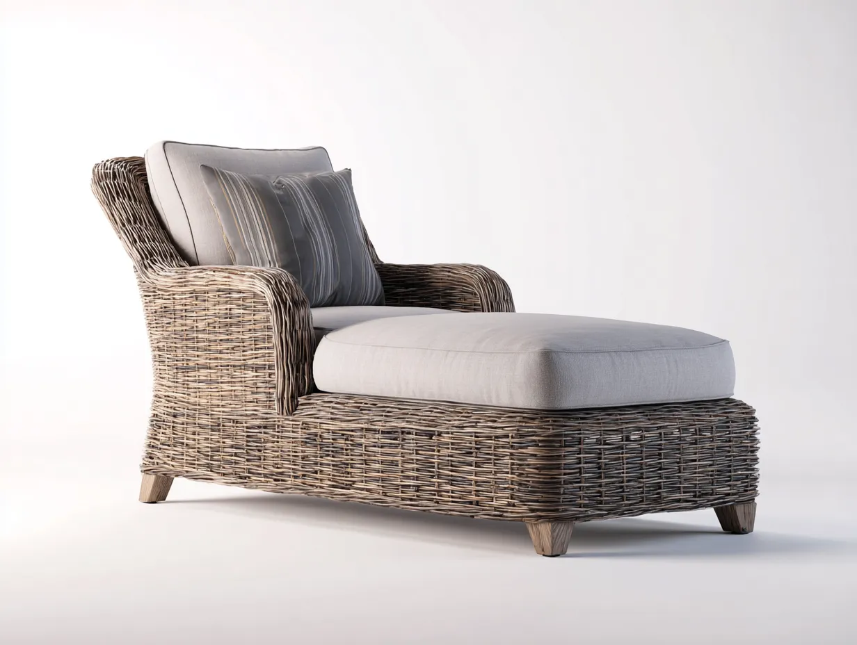 Bain de soleil - rotin synthétique-textile - 185 x 75 x 88 cm - beige-gris - style naturel avec accoudoirs confort-Sofamyhome