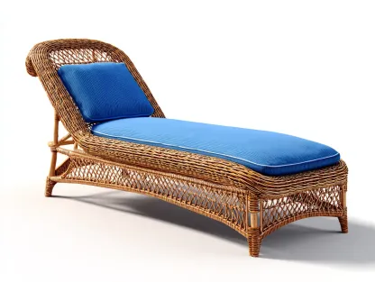 Bain de soleil - rotin naturel-textile - 193 x 66 x 88 cm - bleu-beige - style artisanal ergonomique-Sofamyhome