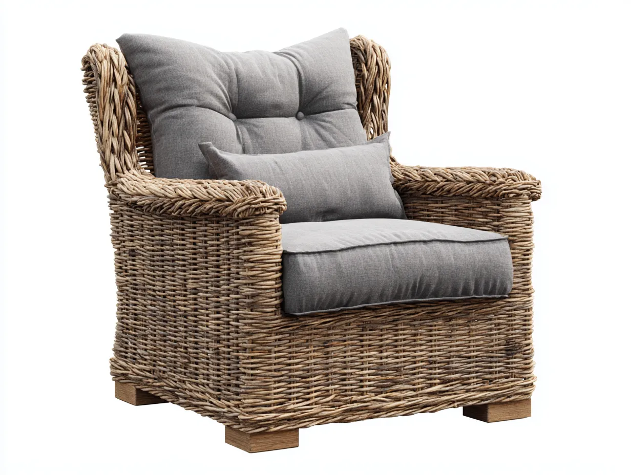 Fauteuil de jardin - rotin-bois-tissu - 92 x 87 x 84 cm - brun naturel-gris - style contemporain-Sofamyhome